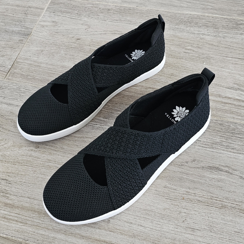 Yellow Box Black Sneakers. Criss Cross Straps. Slip-On Size 7.5M